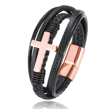Multi Layer Braided Stainless Steel Cross Bracelet