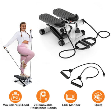 Mini Fitness Stepper With Resistance Bands And LCD Monitor Max Load 330.7 Pounds Quiet Exercise Equipment