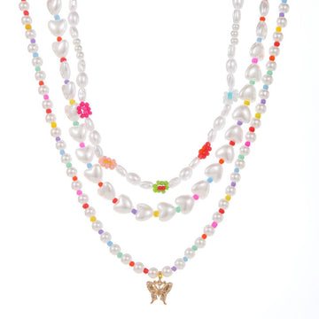 Gold Plated Inlaid Pearl Multi Row Necklace