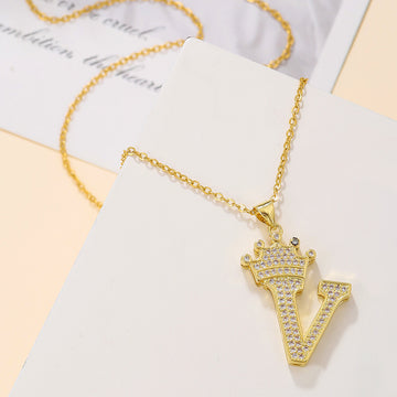Fashionable Gold Diamond Crown Uppercase Letter Necklace