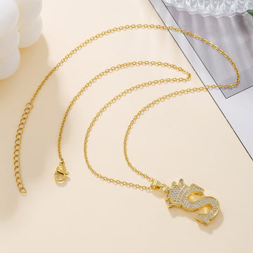 Fashionable Gold Diamond Crown Uppercase Letter Necklace