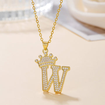 Fashionable Gold Diamond Crown Uppercase Letter Necklace