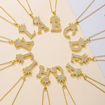 Fashionable Gold Diamond Crown Uppercase Letter Necklace