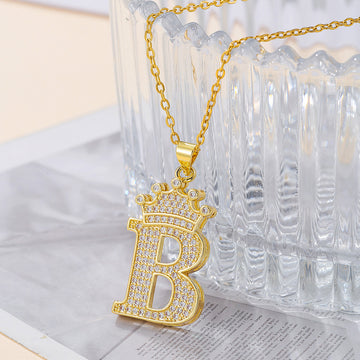 Fashionable Gold Diamond Crown Uppercase Letter Necklace