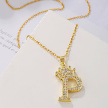 Fashionable Gold Diamond Crown Uppercase Letter Necklace