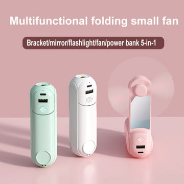 Handheld Mini Fan 5 in 1 Portable Rechargeable Fan Power Bank Flashlight Mirror