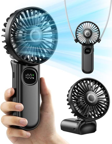 Foldable Portable Handheld Fan with LED Display and 3000mAh Battery in Black