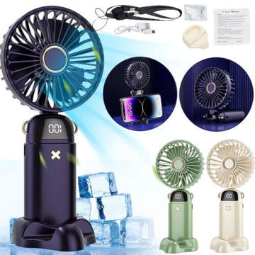 Digital Hand Held Fan Portable Folding Mini Fan USB Rechargeable with 5 Speed Settings