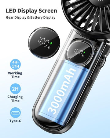Foldable Portable Handheld Fan with LED Display and 3000mAh Battery in Black